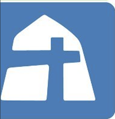 Stylized church building with a cross on a blue background, representing Alhambra SDA Church’s purpose